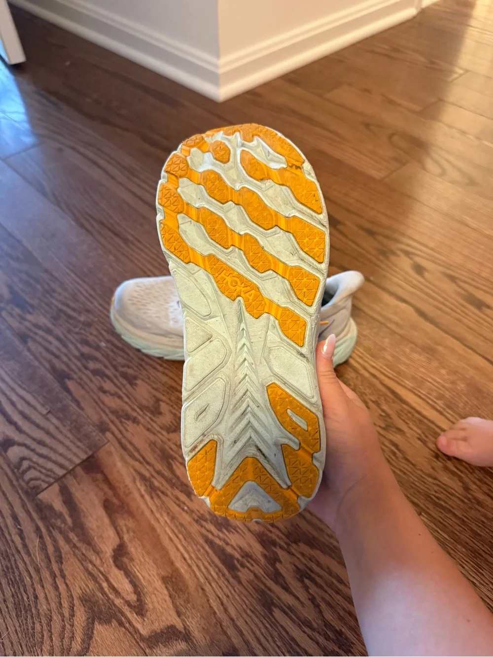 Hoka Kids White Sneakers with Mint Soles and Yellow Laces
